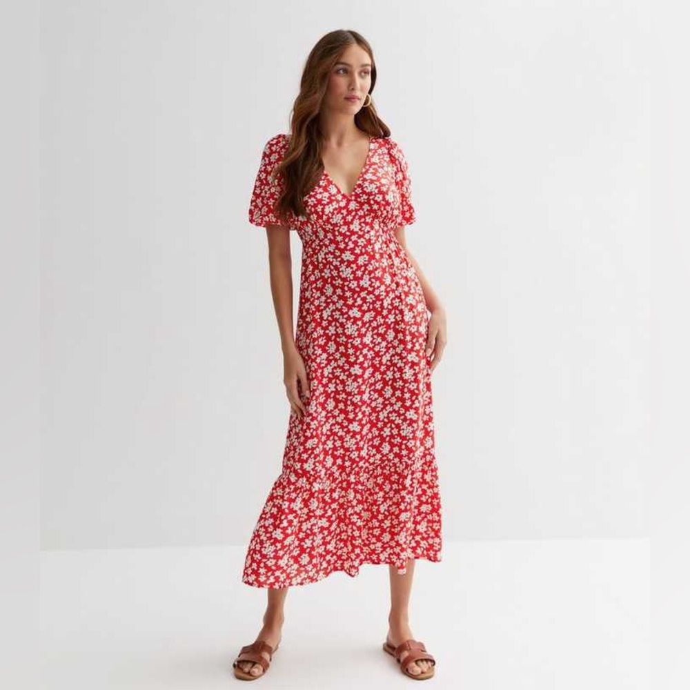 Red Floral Midi Dress Women’s Size Small